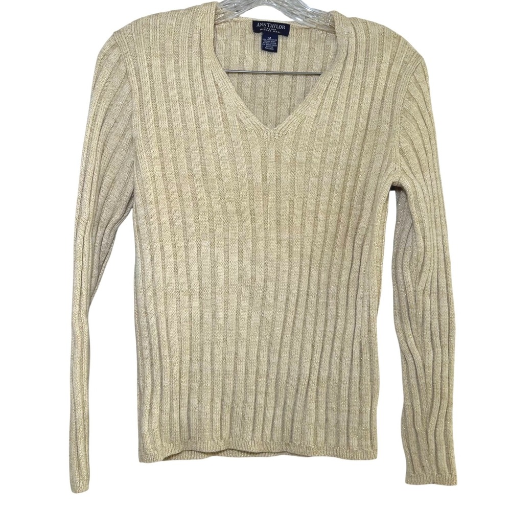 Ann Taylor Italian Merino Wool V-Neck Ribbed Gold Shimmer Sweater Cream Medium